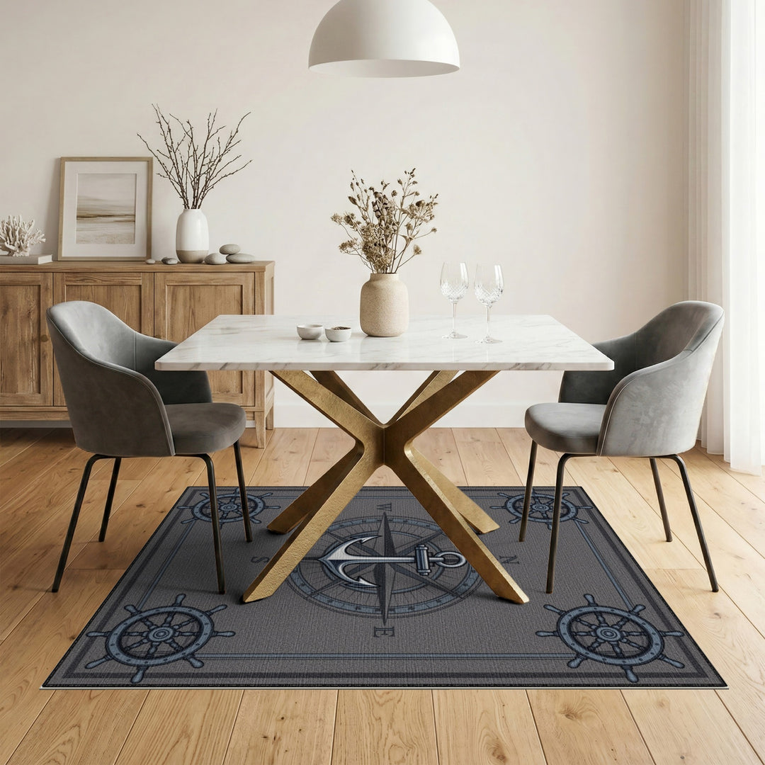 Grey Nautical Anchor Compass Area Rug