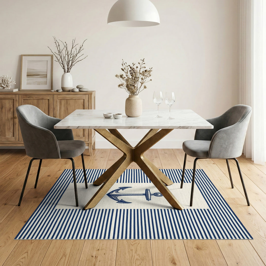 Navy Anchor Striped Coastal Area Rug