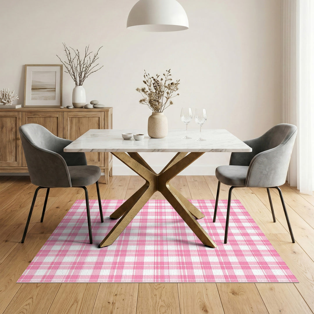 Pink Geometric Modern Pink Gingham Check Washable Area Rug