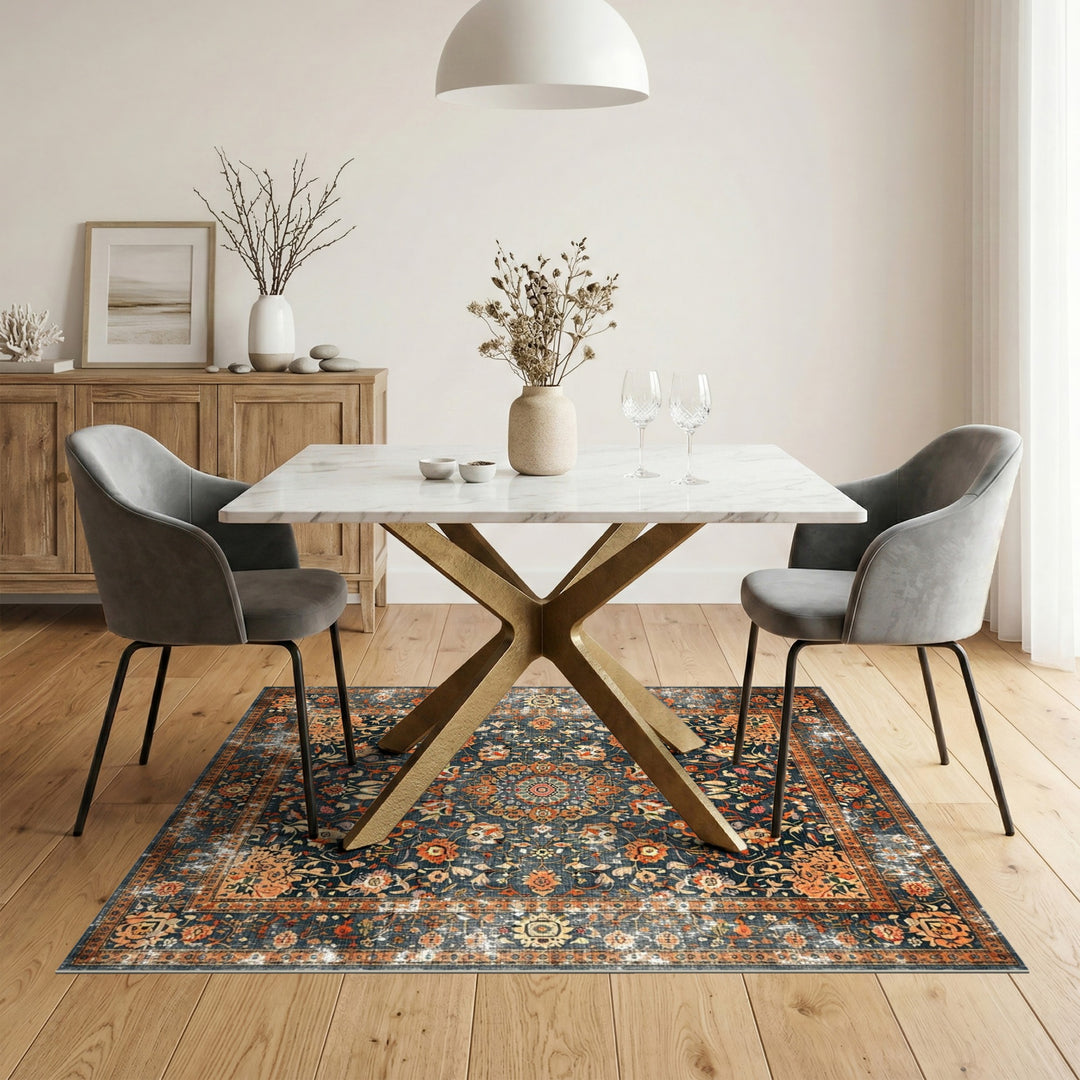 Blue Floral Distressed Vintage Rug