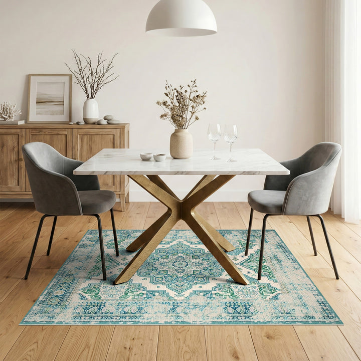 Blue and Teal Distressed Vintage Medallion Area Rug