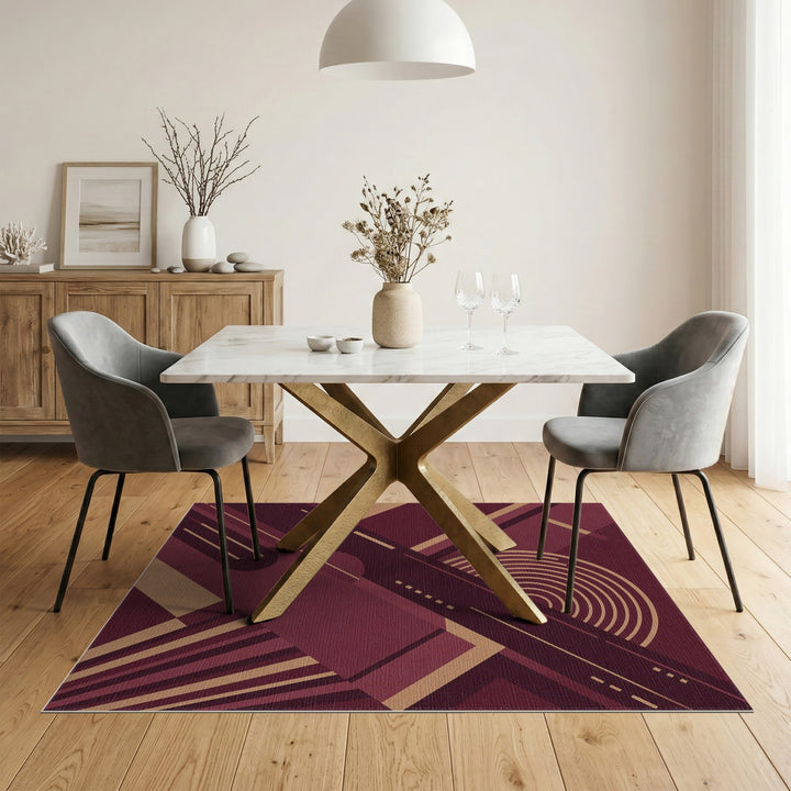 Geometric Red Area Rug with Gold Accents