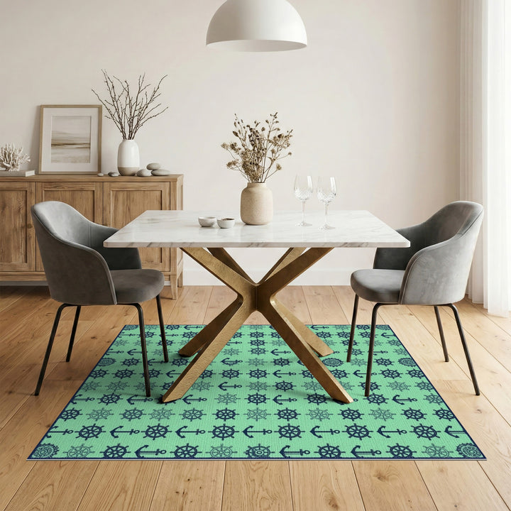 Nautical Teal Anchor Ship Wheel Area Rug