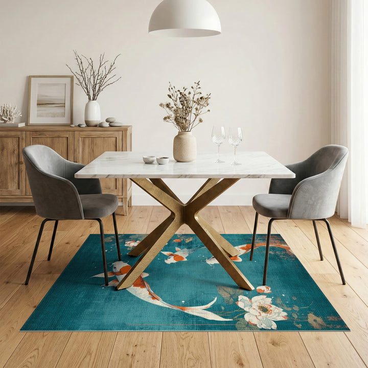 Distressed Vintage Koi Lotus Teal Area Rug
