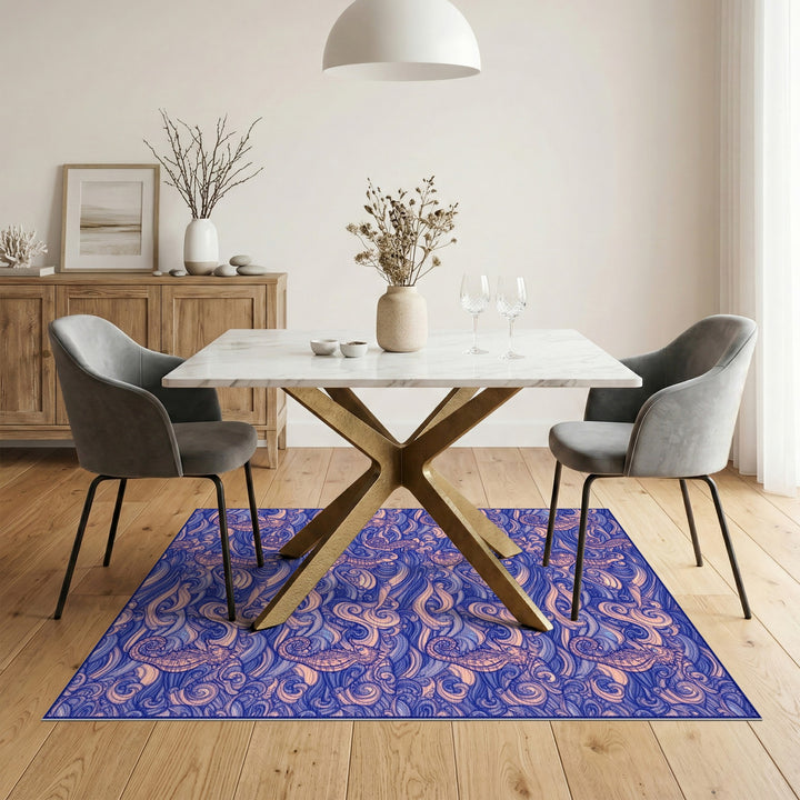 Blue Seahorse Wave Coastal Area Rug