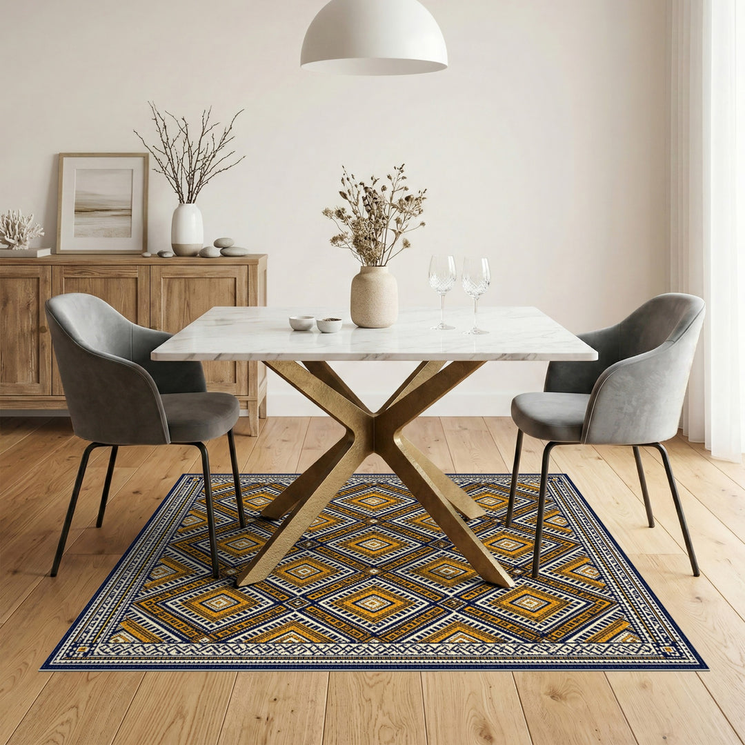 Navy Blue Yellow Geometric Tribal Area Rug