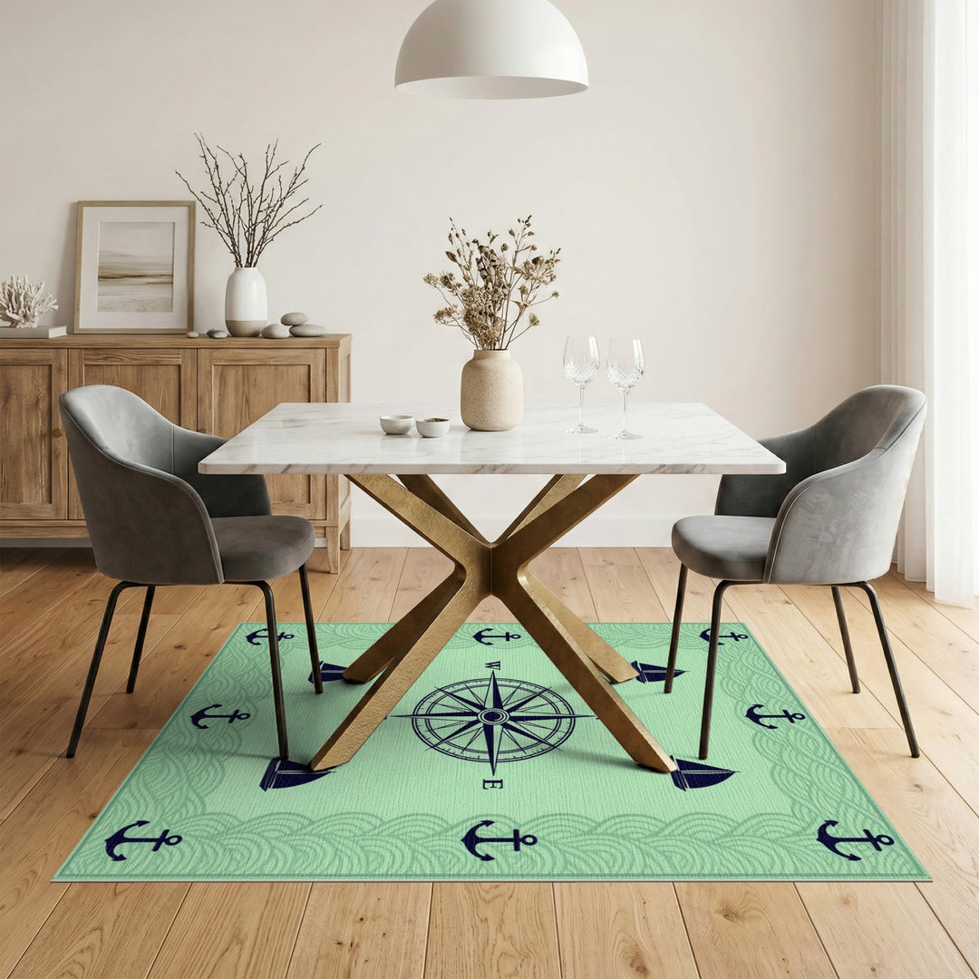 Coastal Nautical Compass Anchor Green Area Rug
