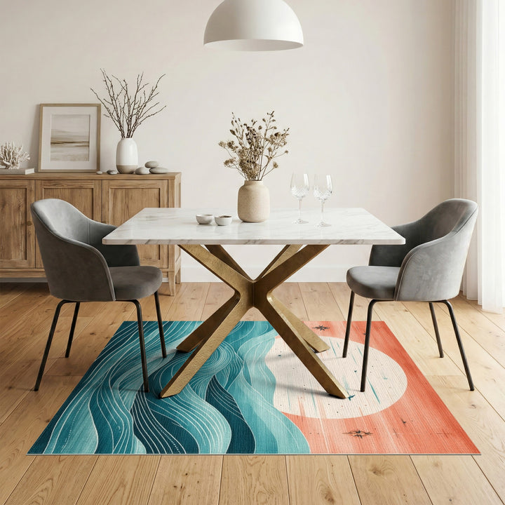 Teal Coastal Sunset Wave Area Rug