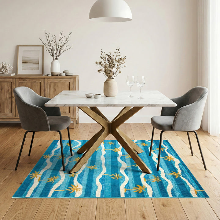 Blue and Teal Blue Teal Palm Wave Coastal Area Rug
