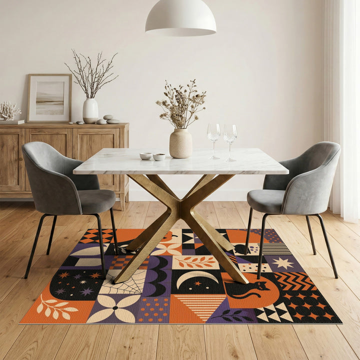 Halloween Geometric Area Rug with Pumpkins and Cats