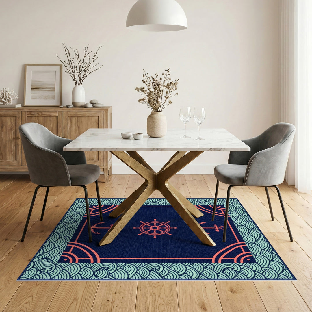 Blue Teal Nautical Anchor Ship Wheel Area Rug