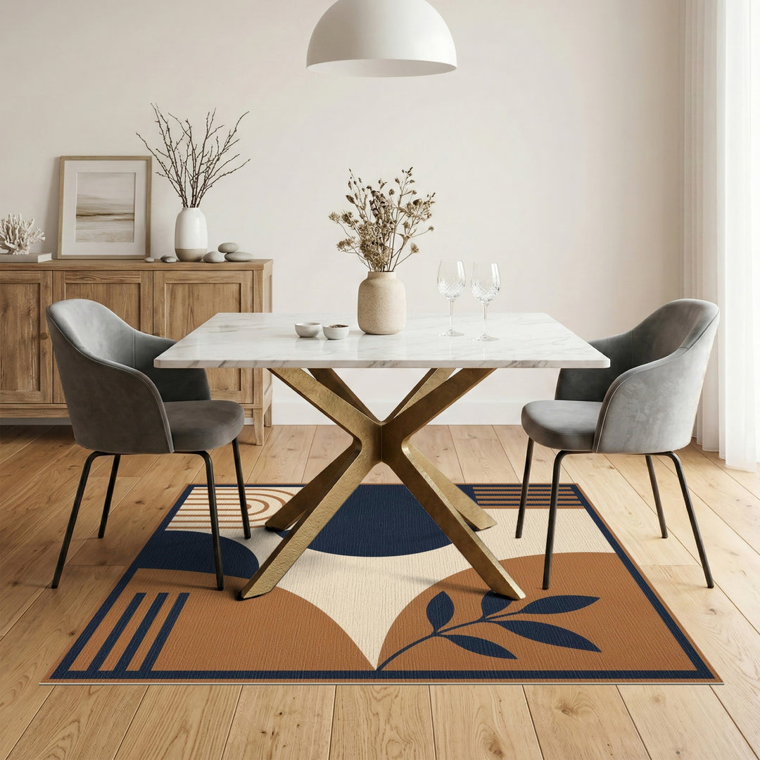 Navy and Brown Geometric Area Rug with Leaf Accent