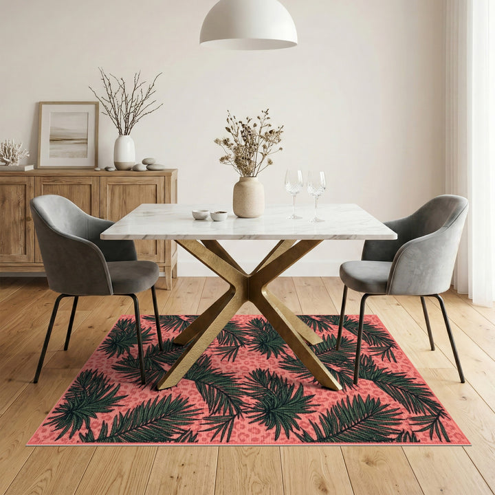Pink Palm Leaf Leopard Area Rug
