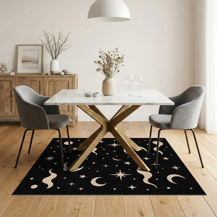 Celestial Black Boho Area Rug with Moons