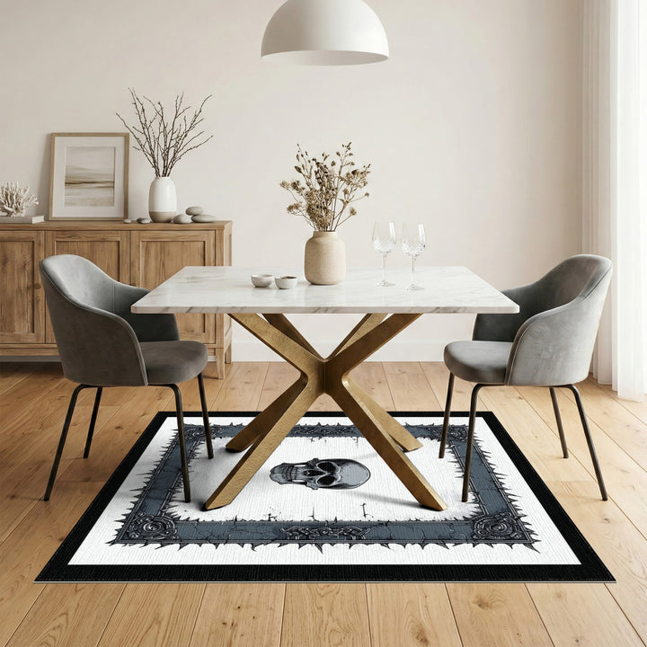 Black White Skull Frame Distressed Rug