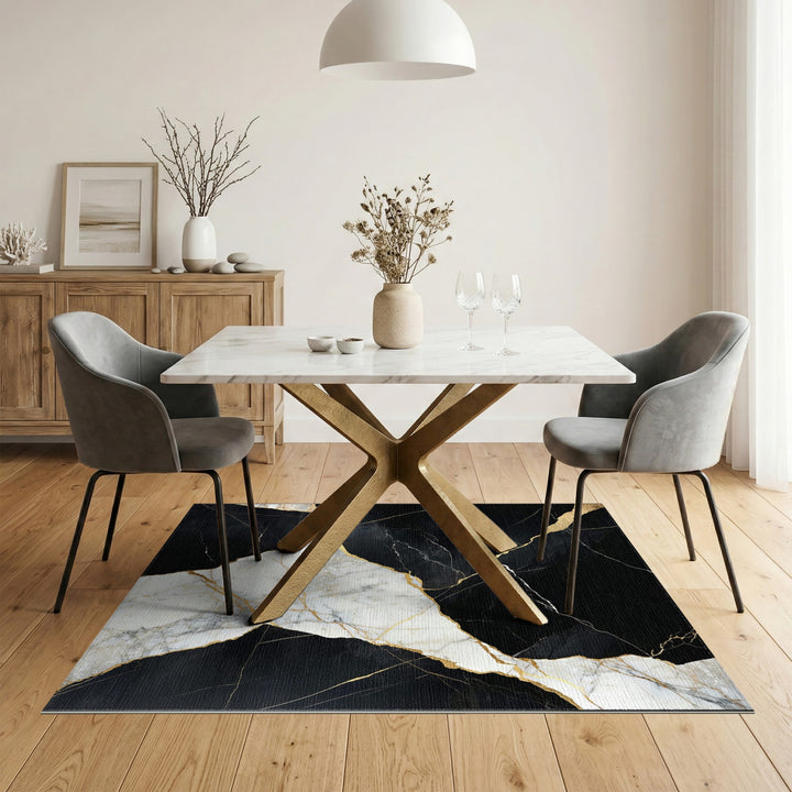 Black and White Black Marble Gold Vein Abstract Area Rug
