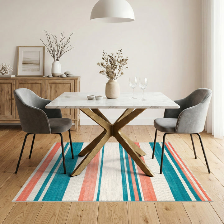 Teal Coral Striped Geometric Area Rug