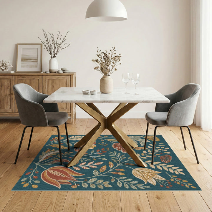 Teal Floral Vintage Washable Blue and Teal Area Rug