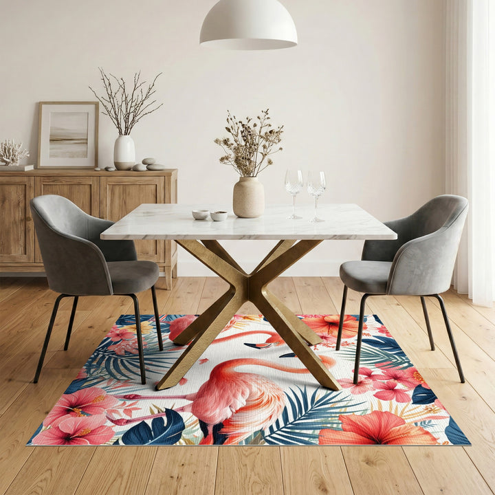 Multi-color and Patterns Pink Flamingo Hibiscus Washable Area Rug