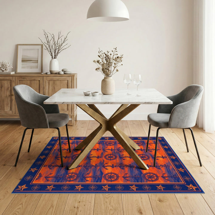 Orange Nautical Anchor Compass Area Rug