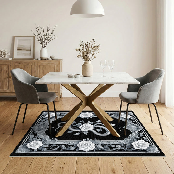 Black White Serpent Rose Ornate Area Rug