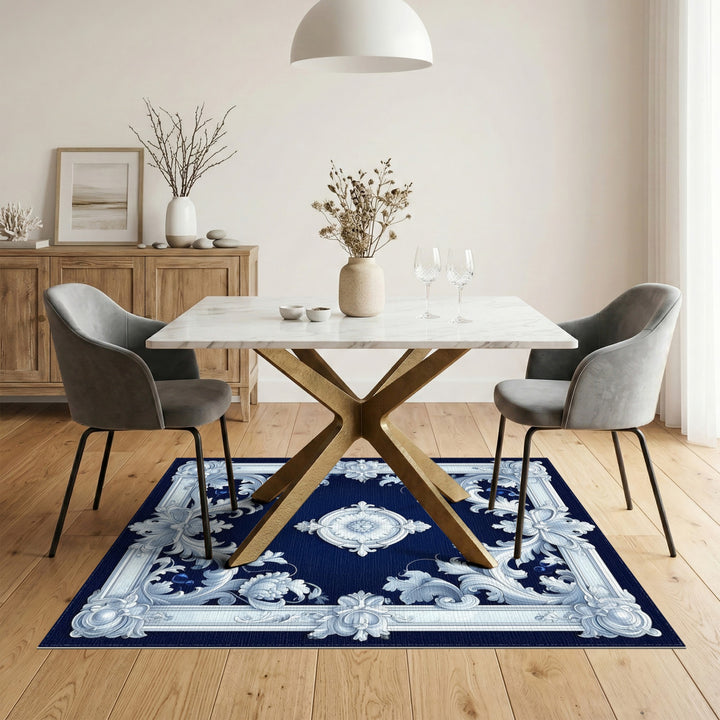 Navy Blue Floral Scrollwork Vintage Rug