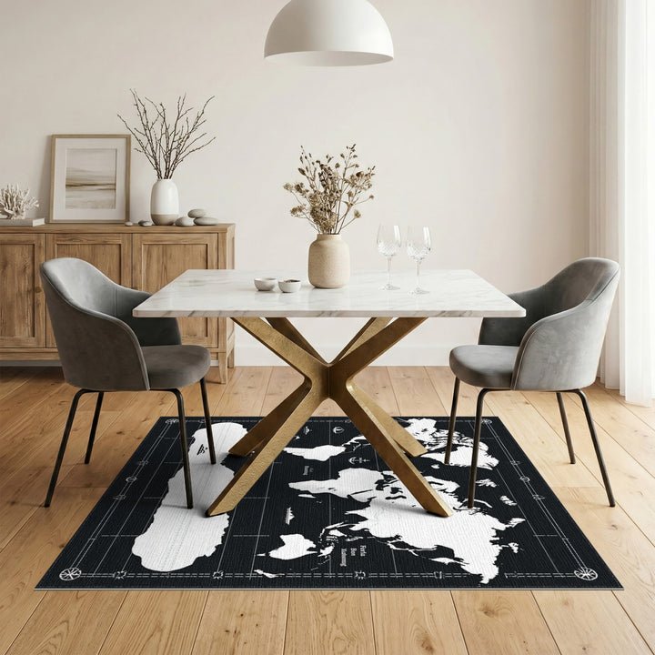 Black White World Map Nautical Area Rug