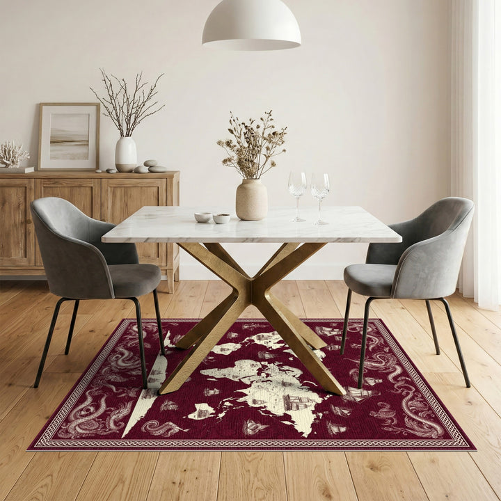 Red Vintage World Map Ships Area Rug