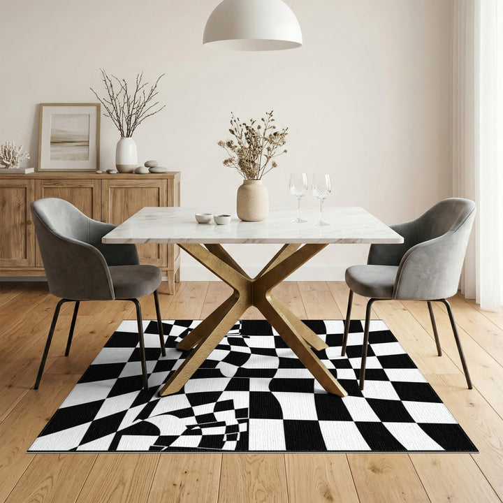 Black White Wavy Checkered Area Rug
