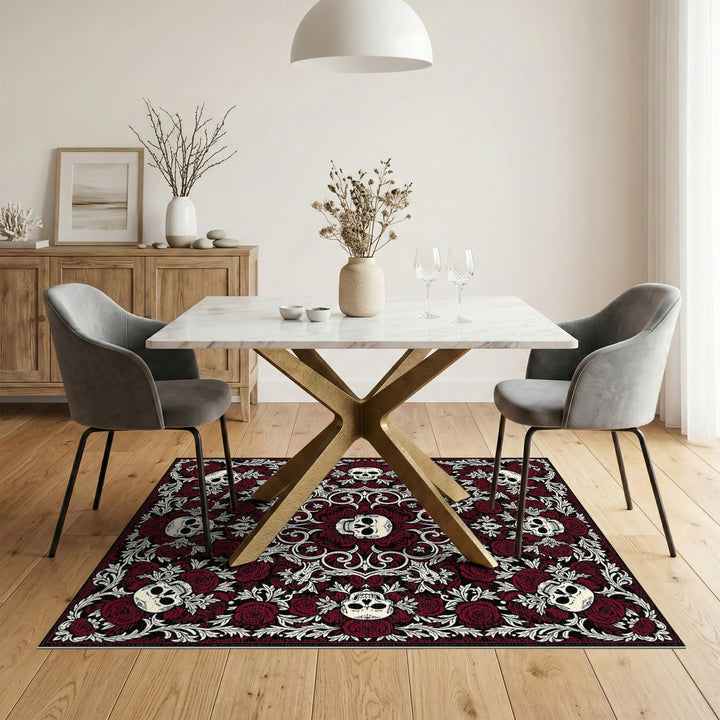 Red Vintage Skull Rose Area Rug