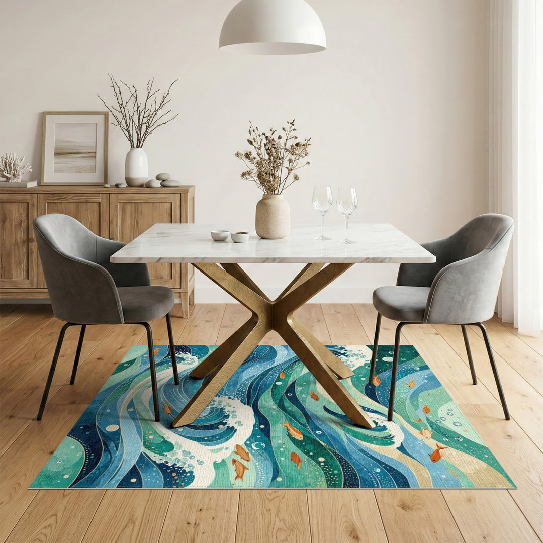 Blue Teal Ocean Wave Fish Area Rug