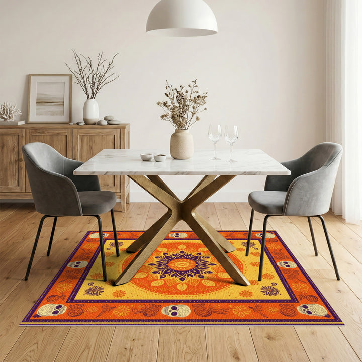 Vibrant Orange Mandala Skull Boho Rug