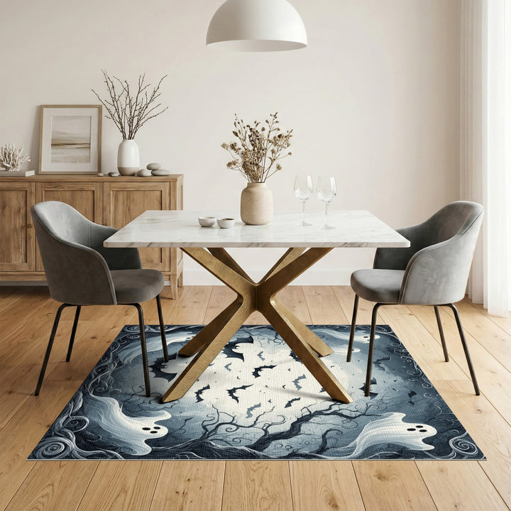 Moonlit Ghosts and Bats Black White Area Rug