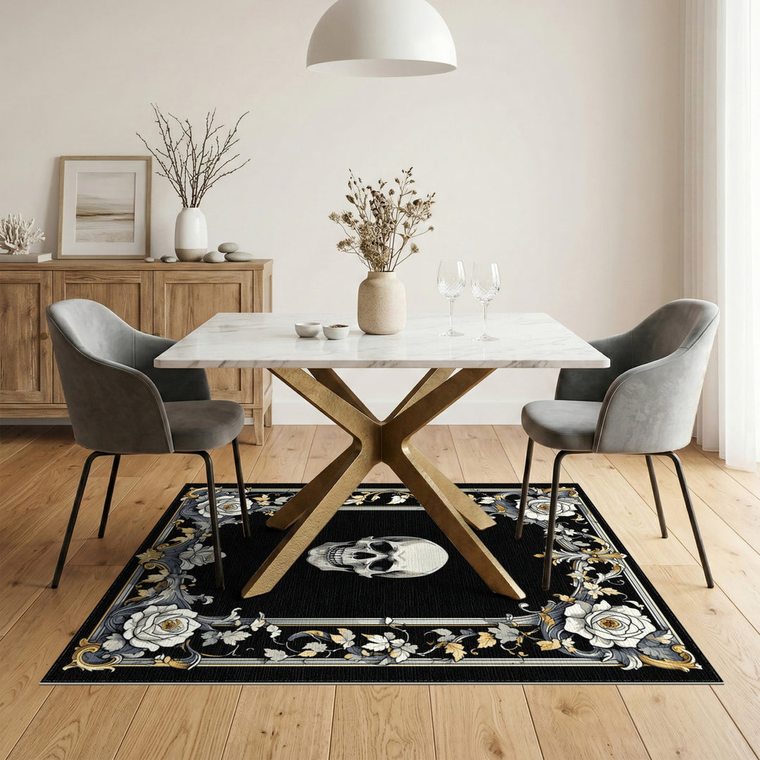 Black and White Black White Skull Rose Ornate Area Rug