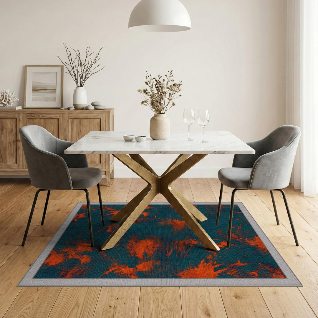 Blue Teal Abstract Orange Splatter Area Rug