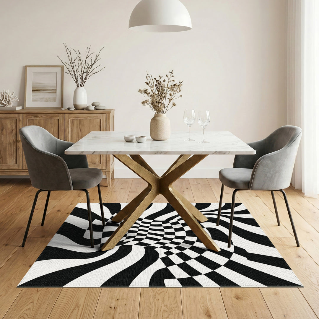 Black White Vortex Checkered Area Rug