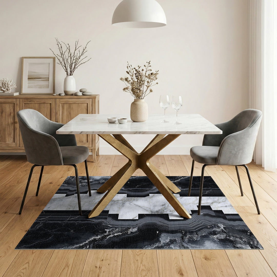 Black and White Black White Marble Geometric Area Rug