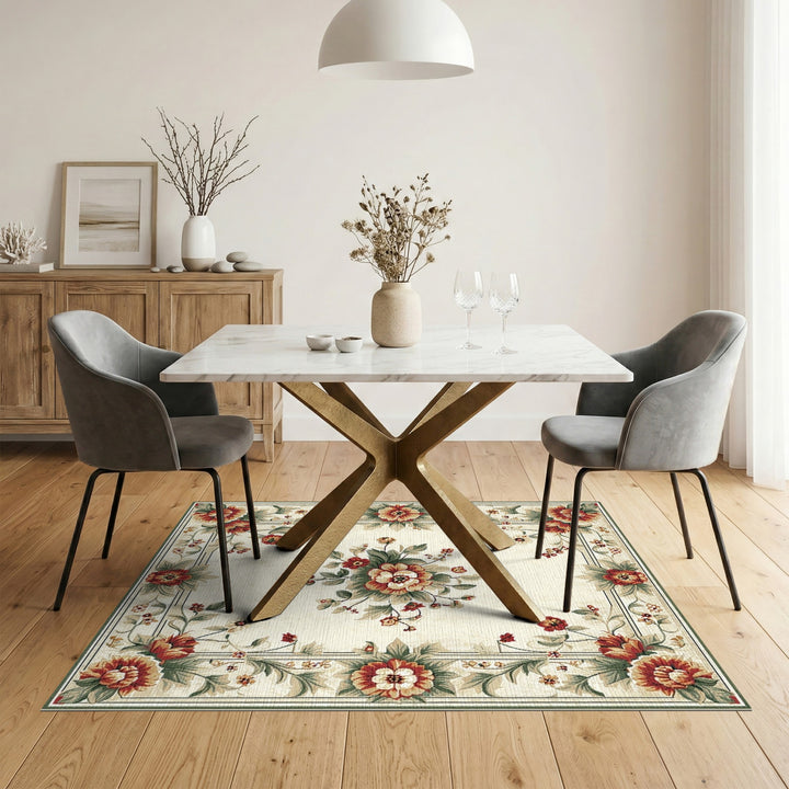 Vintage Floral Beige Area Rug with Red Peonies