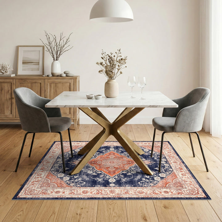Blue and Teal Navy Blue Distressed Vintage Medallion Area Rug