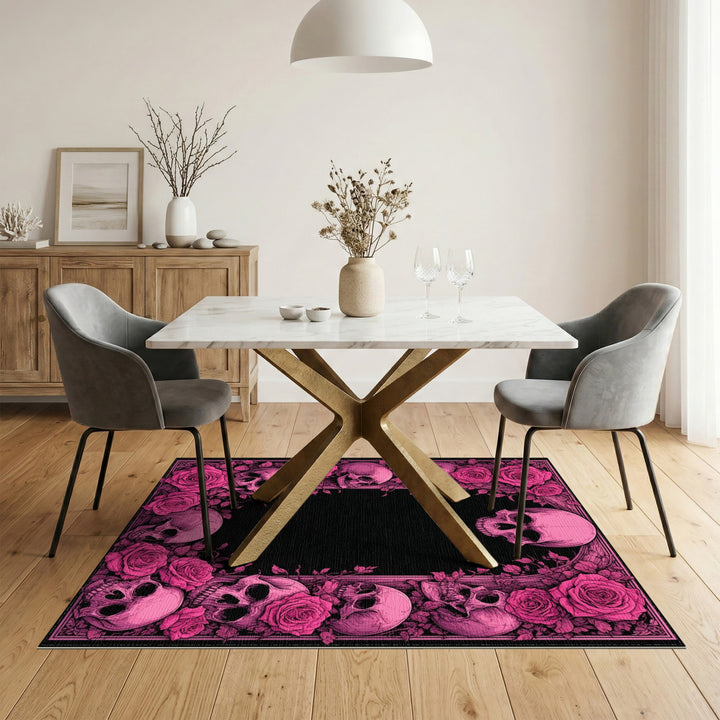Pink Roses and Skulls Area Rug