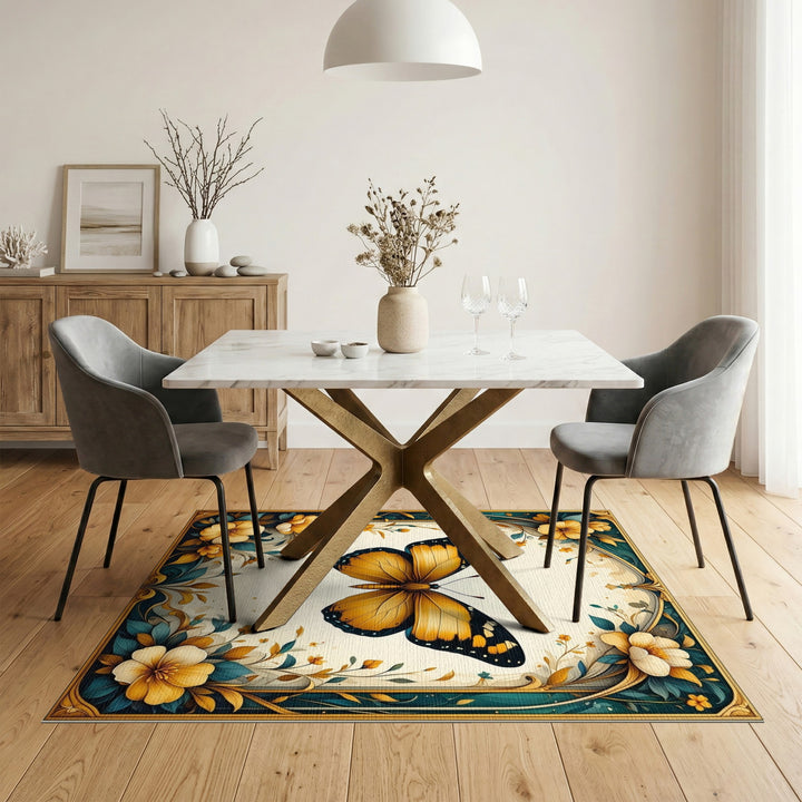 Yellow Butterfly Floral Vintage Area Rug