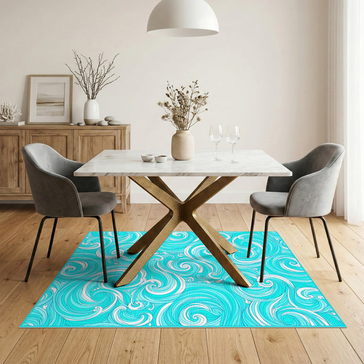 Blue Teal Wave Swirl Washable Area Rug