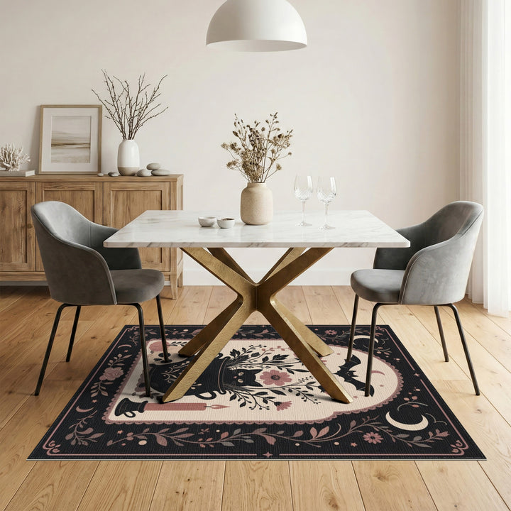 Pink Mystical Black Cat Cauldron Area Rug