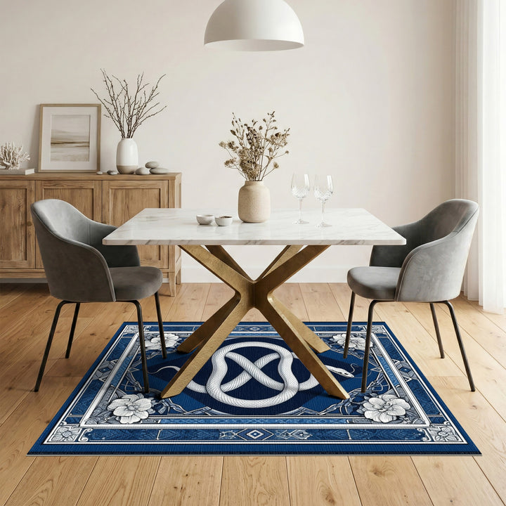 Coiled White Snake Blue Floral Area Rug