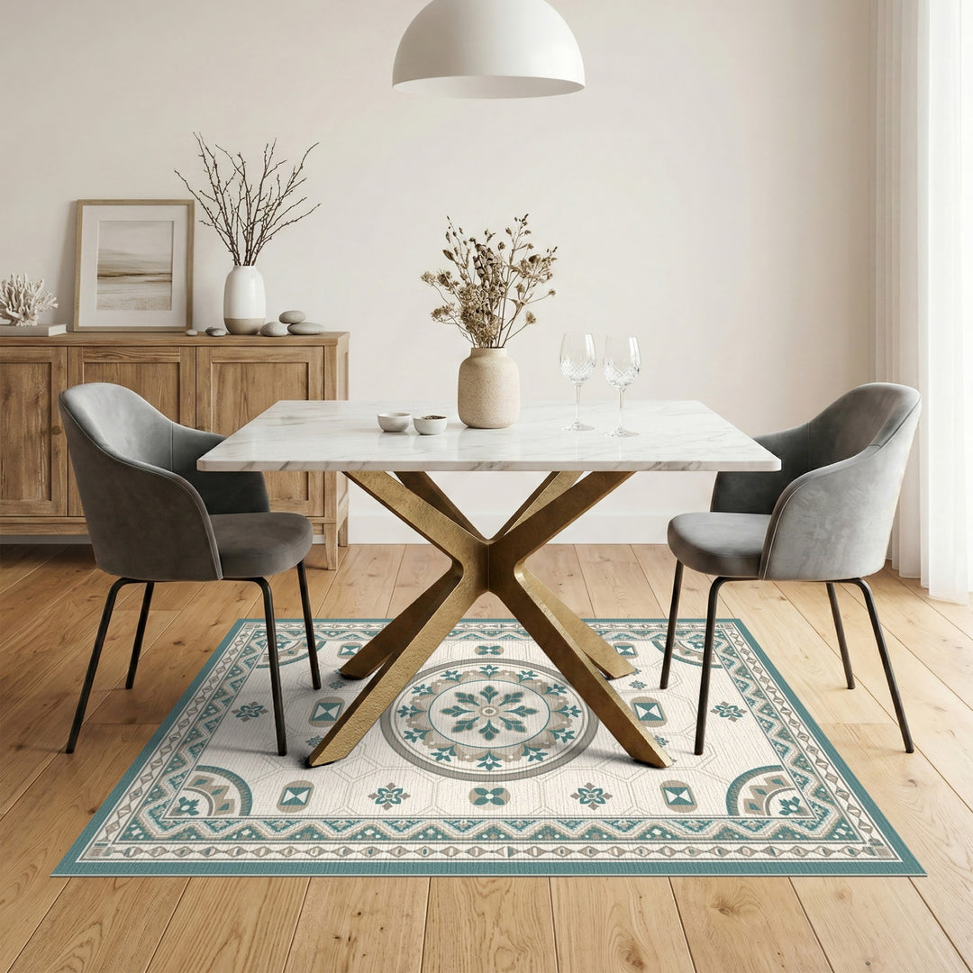 Teal Geometric Medallion Washable Area Rug