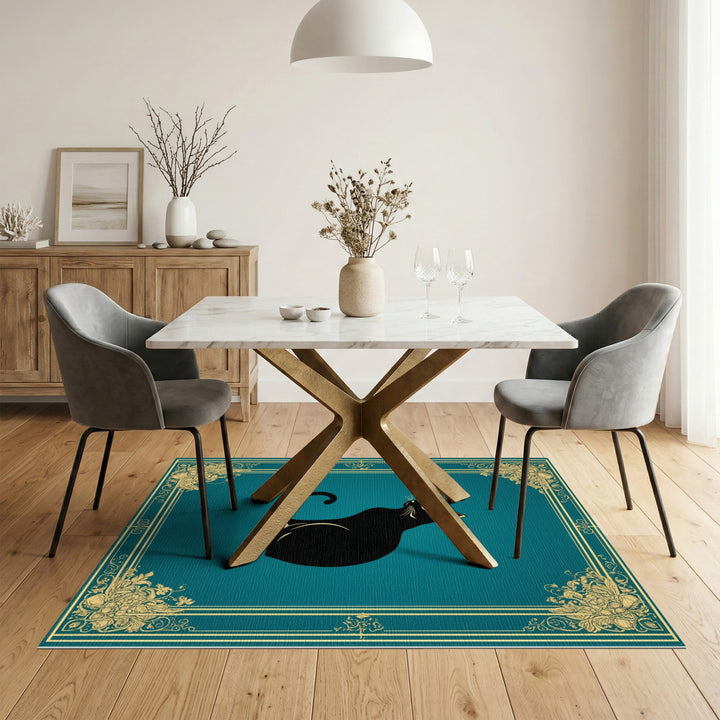 Black Cat Teal Floral Vintage Area Rug