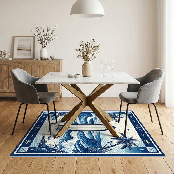Blue Coastal Surfboard Washable Area Rug