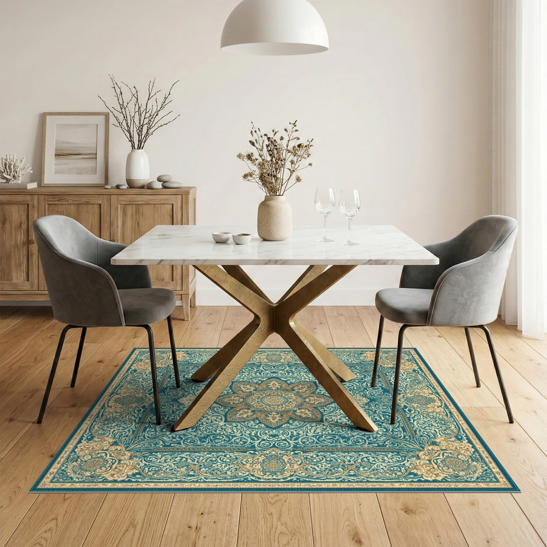 Teal Gold Traditional Persian Medallion Rug