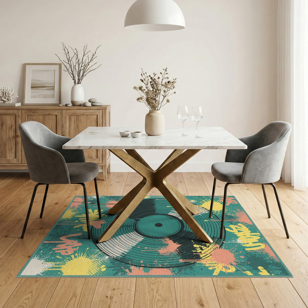 Teal Vinyl Record Graffiti Washable Area Rug