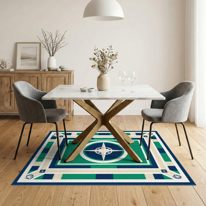 Nautical Compass Blue Green Washable Area Rug